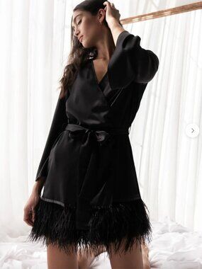 Rya Collection Cover Up satin robe Ostrich Feather - NO BELT - SIZE M-L